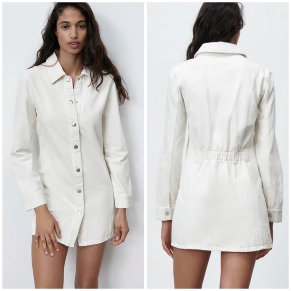🤍 ZARA White Denim Button Down Mini Jacket Shirt Dress